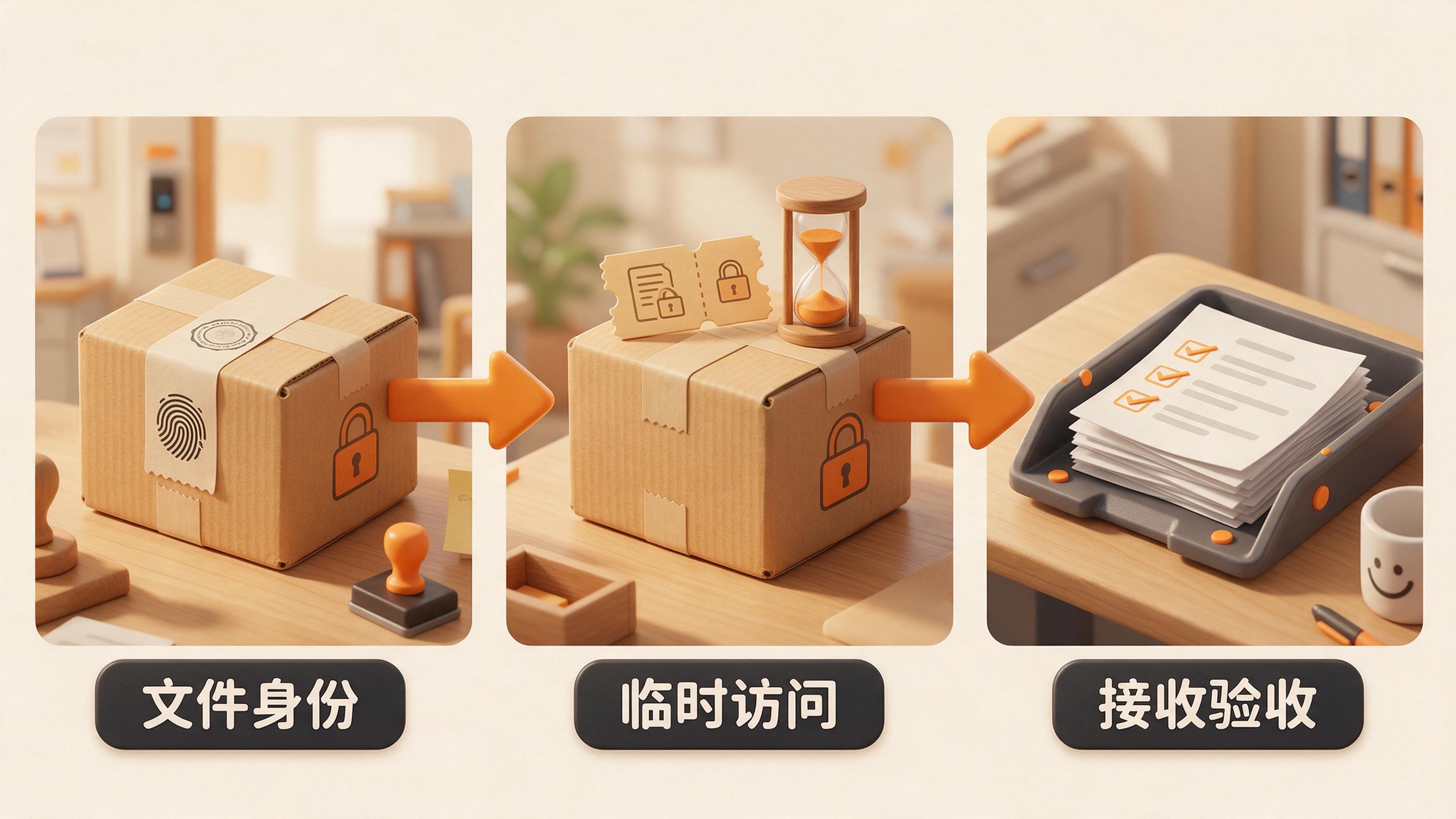 产物身份与临时访问分开，最后由接收端核对