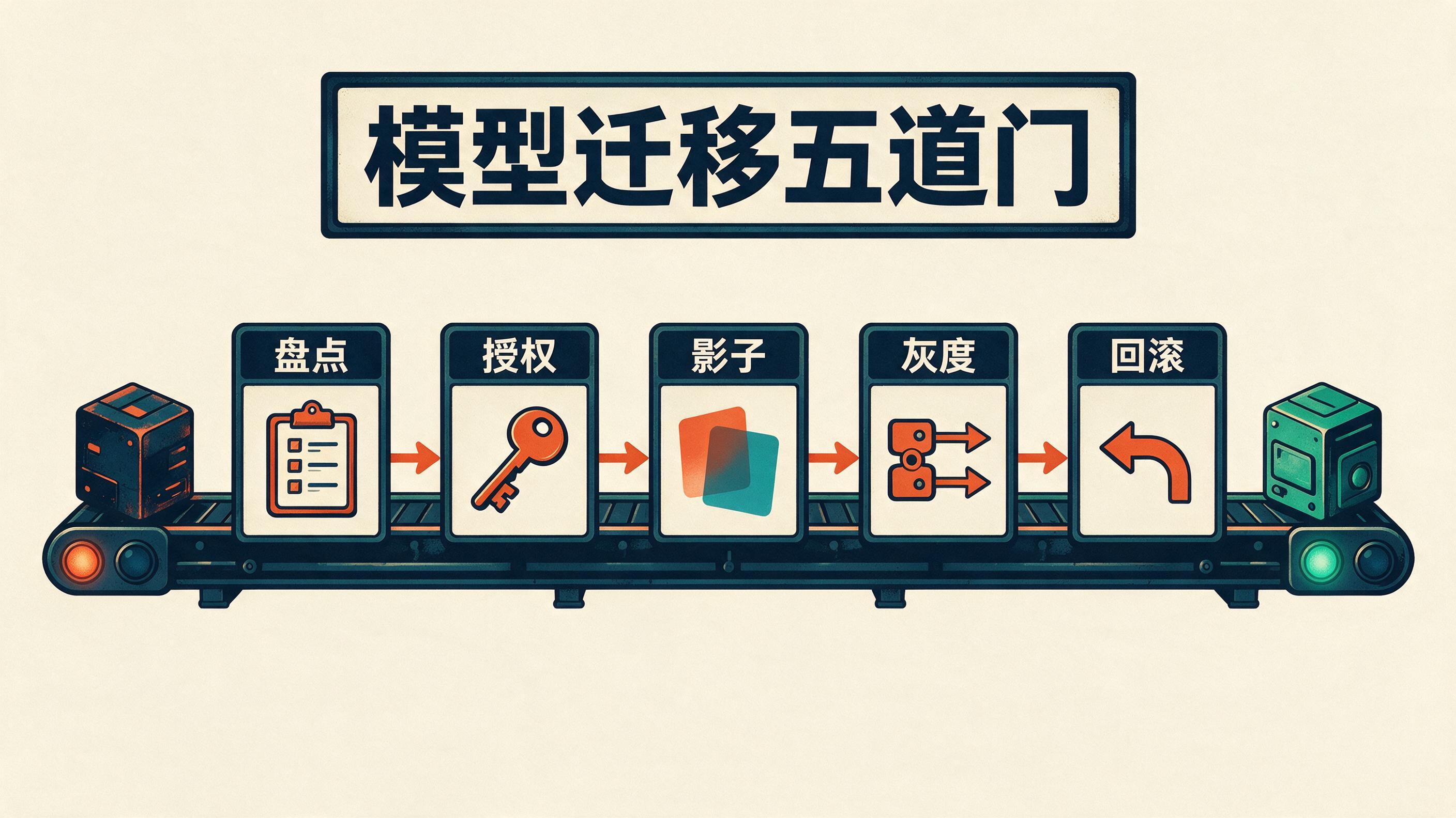 模型迁移的盘点、授权、影子、灰度与回滚五道门